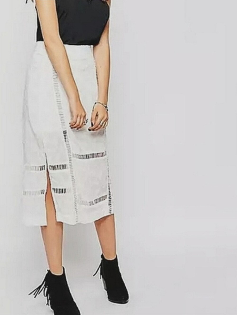 Hard To Find! Free People Open Stitch White Paneling Midi Skirt. Size 10.